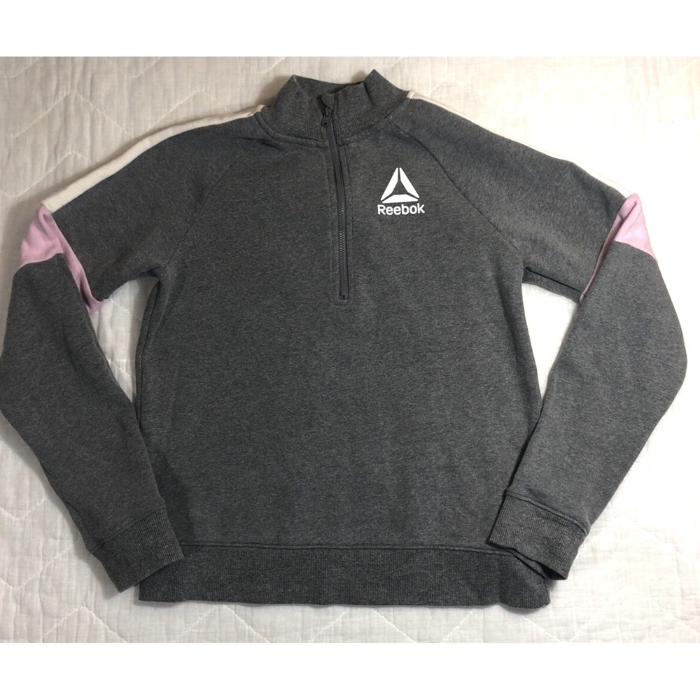 Reebok Sweatshirt Girls XXL 18 Gray Pink White 1/4 Zip Juniors Teens Pullover